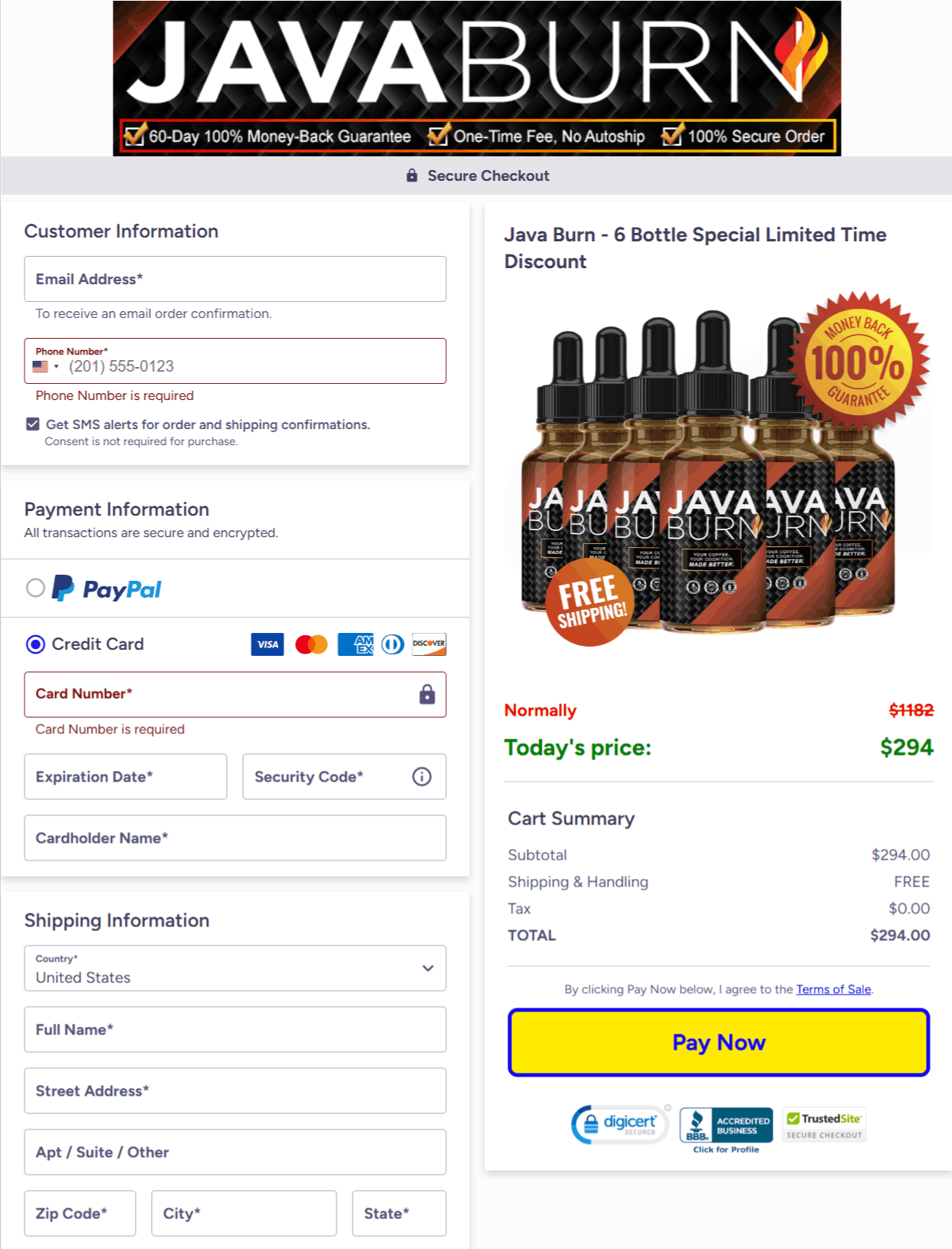 JAva Burn  Checkout page